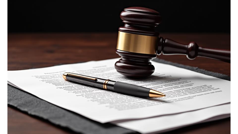 Judge's gavel on a stack of legal documents and a luxury pen, signifying law and precision.