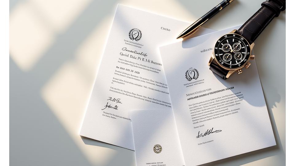 Elegant luxury watch beside official authentication documents and a pen.