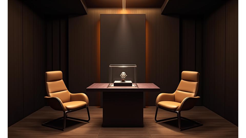 Luxurious consultation room with elegant seating and a display case for watches.