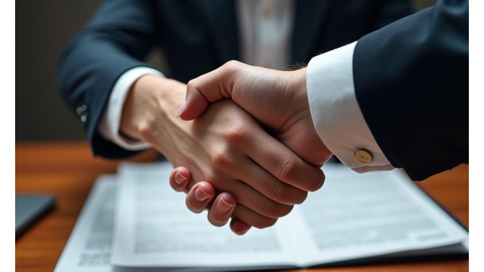 Close-up of elegant handshake over legal documents, symbolizing trust and agreement.